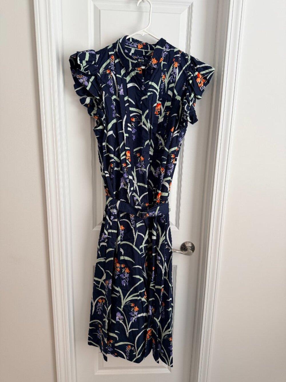 Anthropologie Maeve XL Floral Midi Dress Ruffle Sleeve Belted Navy